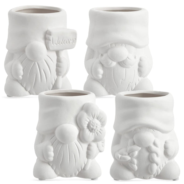 Bright Creations Paintable Ceramic Garden Gnome Planters - 3 x 3 x 4 in, White, Pack of 4, Unfinished - Succulent Pots to Paint with Drainage Holes & Plugs - DIY Pottery Kit - image 1