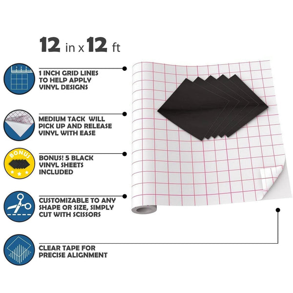 Kassa Transfer Tape for Vinyl - 12 in x 12 ft, Clear - Medium-Tack Easy-Release Film with 1-Inch Gridlines - Includes 5-Piece Black Vinyl Pack - image 1