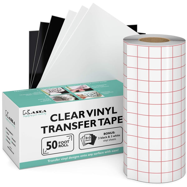 Kassa Light Grip Vinyl Transfer Tape - 6 In x 50 Ft Roll, Clear & 3 Black & White Sheets - Medium Tack Adhesive Transfer Tape for DIY Art Projects & Decorating - image 1