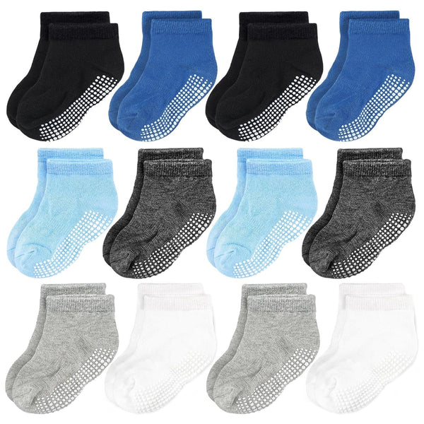 CozyWay Low-Cut Toddler Grip Socks - Non-Slip Grip for Toddler Boy Socks - 1T-3T - Pack of 12 - Blue/White/Black - image 1