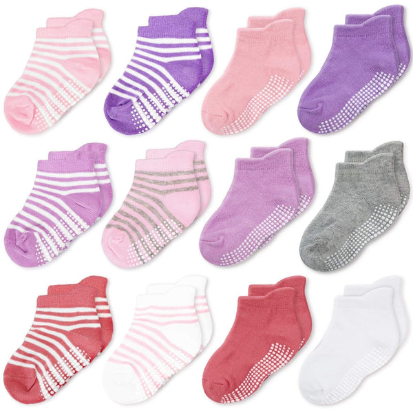 CozyWay Baby & Toddler Socks with Grippers Non Slip Ankle Grip Socks For Boys and Girls - Comfy Soft Cotton 6-12 Months Pink/White 12 Pack - image 1