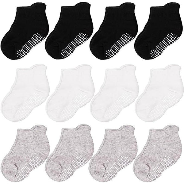 CozyWay Baby & Toddler Socks with Grippers Non Slip Ankle Grip Socks For Boys and Girls - Comfy Soft Cotton 0-6 Months Black White Gray 12 Pack - image 1