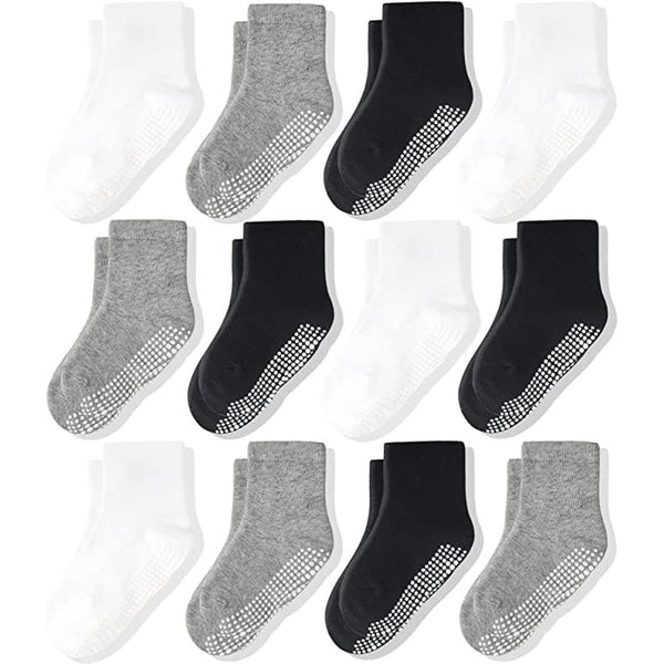 CozyWay Baby Sock Set - Non-Slip Grippers for Toddler Socks with Grippers - Arch Support for Infants - 0-6 Months, Crew - 12 Pack - Black/White/Gray - image 1