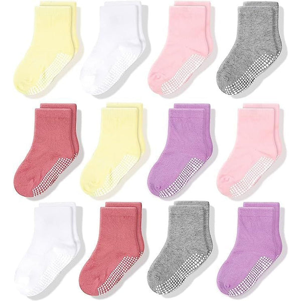 CozyWay Toddler Grip Socks - Non-Slip Toddler Socks With Grippers - Soft Cotton Blend Comfort Fit - Reinforced Toe for Boys & Girls - 3T-5T, Pack of 12, Pink/White/Gray - image 1