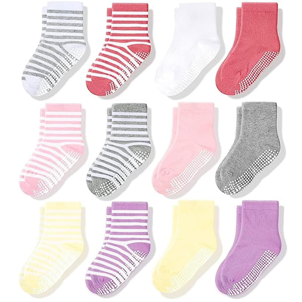 CozyWay Kids Crew Grip Socks - Non-Slip Soles & Toddler Socks with Grippers - Soft Breathable Cotton Comfort - Machine Washable Durability - Size 5-7 Years, Pink/White, Pack of 12 - image 1