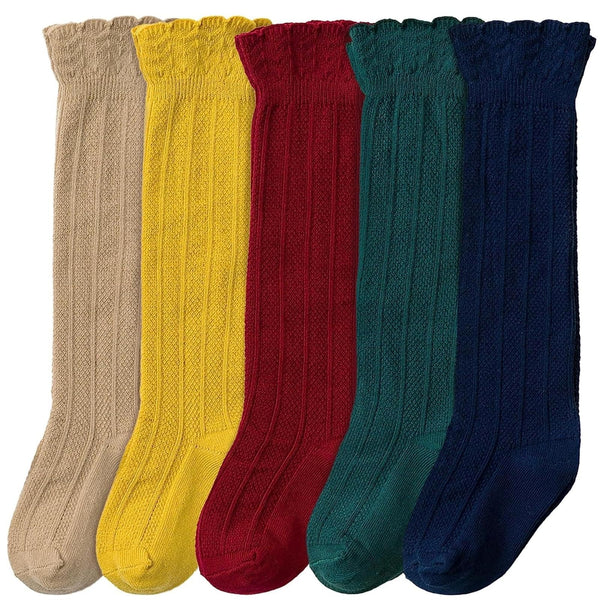 CozyWay Baby Knee High Sock - Stay-Up Newborn Knee High Socks - Soft Breathable Cotton-Blend Baby Hosiery - 0-6M, 5 Pairs, Tan/Navy/Red/Green/Mustard - image 1