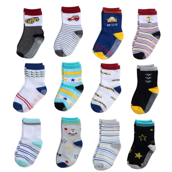 CozyWay Toddler Socks with Grippers - Cotton-Blend Comfort Cotton Toddler Socks - Non-Slip Grips for Kids - 3T-5T, 12 Pack, Black & Yellow - image 1