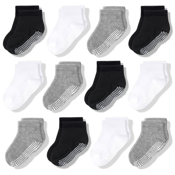 CozyWay Toddler Socks with Grippers - Non-Slip Toddler Cotton Socks for Boys & Girls - Pack of 12, Low-Cut, Size 1T-3T, Black, White, Gray - image 1