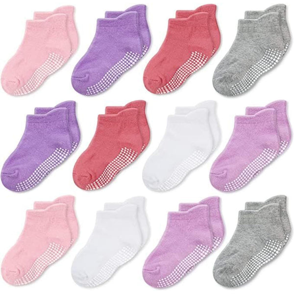 CozyWay Baby & Toddler Socks with Grippers Non Slip Ankle Grip Socks For Boys and Girls - Comfy Soft Cotton 3T-5T Pink Gray Purple 12 Pack - image 1