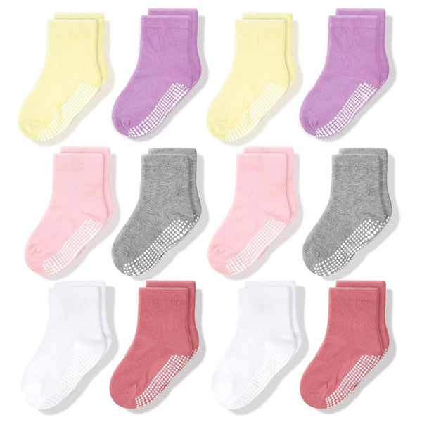 CozyWay Baby & Toddler Socks With Grippers Non Slip Crew Grip Socks for Girls and Boys Soft Comfy Cotton 0-6 Months Pink White Gray 12 Pack - image 1
