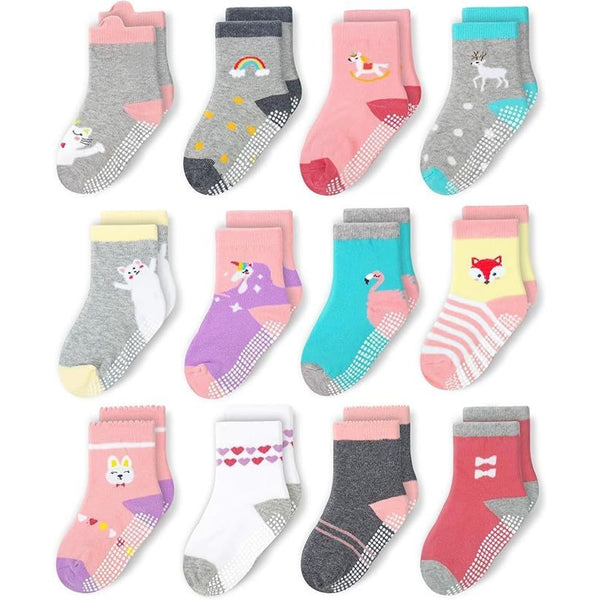 CozyWay Toddler Socks with Grippers - Soft Cotton Crew Socks for Toddlers - 3T-5T, Pink/Purple Multicolor, Pack of 12 - image 1