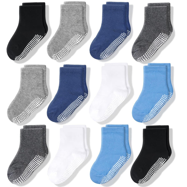 CozyWay Toddler Grip Socks - Soft Cotton Comfort & Kids Grip Socks for Toddlers - 1T-3T - Pack of 12 - Blue/White/Dark Gray - image 1