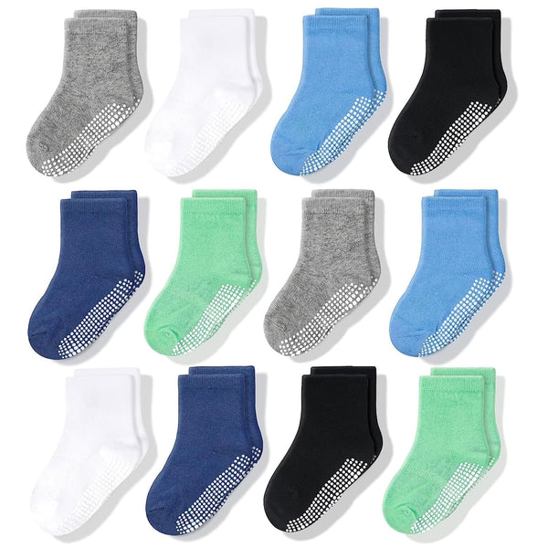 CozyWay Baby & Toddler Socks With Grippers Non Slip Crew Grip Socks for Girls and Boys Soft Comfy Cotton 3T-5T Blue White Green 12 Pack - image 1