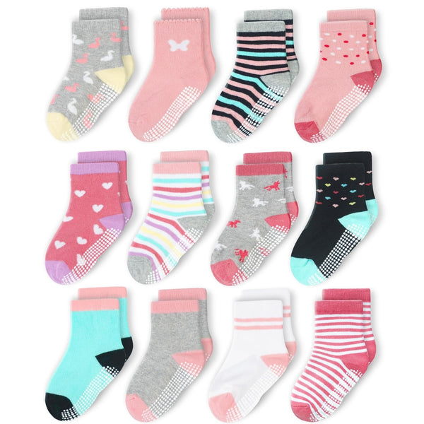 CozyWay Toddler Socks with Grippers - Grippy Cotton Ankle Socks for Toddlers Girls & Boys - 3T-5T, Pink/Gray Multicolor, 12 Pack - image 1