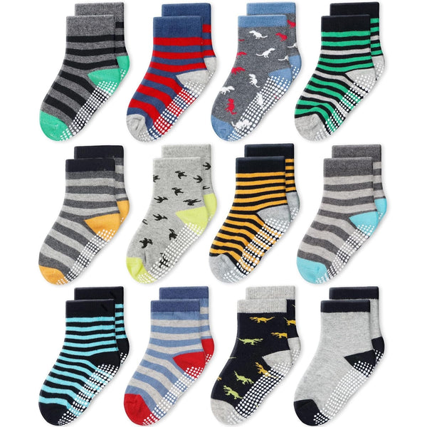 CozyWay Toddler Grip Crew Socks - Non-Slip Grip Crew for Active Play - Toddler Socks for Girls - 3T-5T, Gray/Yellow Multicolor, 12 Pack - image 1