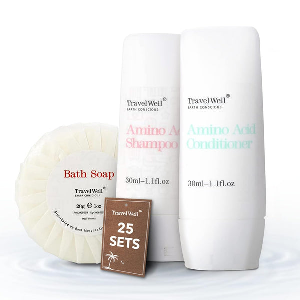 Travel Well Mini Shampoo & Conditioner Set - Amino Acid Travel Shampoo & Conditioner - Paraben-Free Mini Soap Bars Guest Bathroom Toiletries - 25 Bottles (1.01 Fl Oz) & 25 Bars (28 g) - image 1