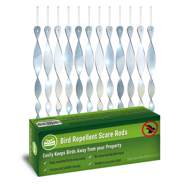 De-Bird Acrylic Bird Scare Rods - Reflective Glare Deterrent & Outdoor Bird Repellent - Humane Fruit Tree Deterrent - Easy Install Kit - Pack of 12, Silver - image 1