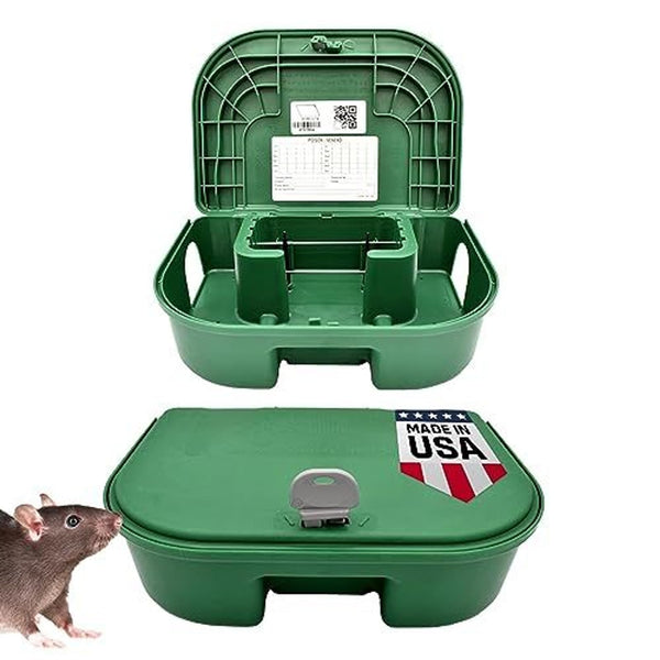 Exterminators Choice Large Rat Bait Station Box with 1 Key - Plastic, Green Heavy-Duty Weather-Resistant Outdoor Bait Station - Discreet Green Box with Lockable Holder - image 1