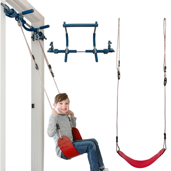 Gym1 Doorway Indoor Swing & Pull-Up Bar Set - Sensory Swing with Rope Ladder - Built-in Pull-Up Bar for Kids Workout Equipment - Easy No-Drill Mount for Indoor Playset - 2-Piece, Red - image 1