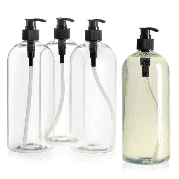 Okuna Outpost Refillable Shampoo & Conditioner Pump Bottles - 34 Oz Shampoo Pump Bottles - Non-Spill Saves Waste & Body Wash Dispenser - Hand Soap & Lotion Dispensers - Pack of 4, Clear/Black Top - image 1