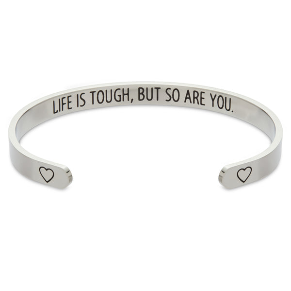 Inspirational 7" Silver Cuff Bracelet for Women, Motivational Engraved Bangle, Life is Tough but So Are You (One Size Fits Most) - image 1