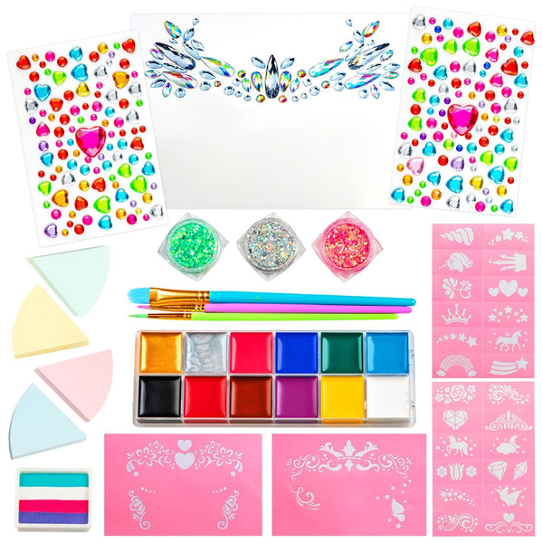 GirlZone Face Painting Kit for Kids - Ages 7+, Multicolor Palette & Reusable Princess Stencils - Princess Face Paint Kit with Glitter & Gems, Mermaid & Unicorn Designs - image 1