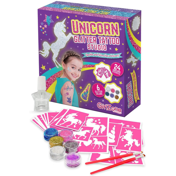 GirlZone Unicorn Glitter Tattoo Kit - 33-Piece Metallic Sparkle & Heart Stencils - Glitter Unicorn Temporary Tattoos & Face Paint Stencils for Kids 3+ - image 1
