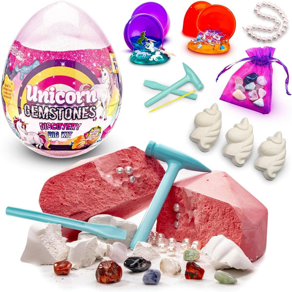 GirlZone Girl Digging Toys - Unicorn Gemstone Discovery Dig Kit for Kids - Large Multicolor Box - STEM Craft Activities with Slime & Bracelet Kit - image 1
