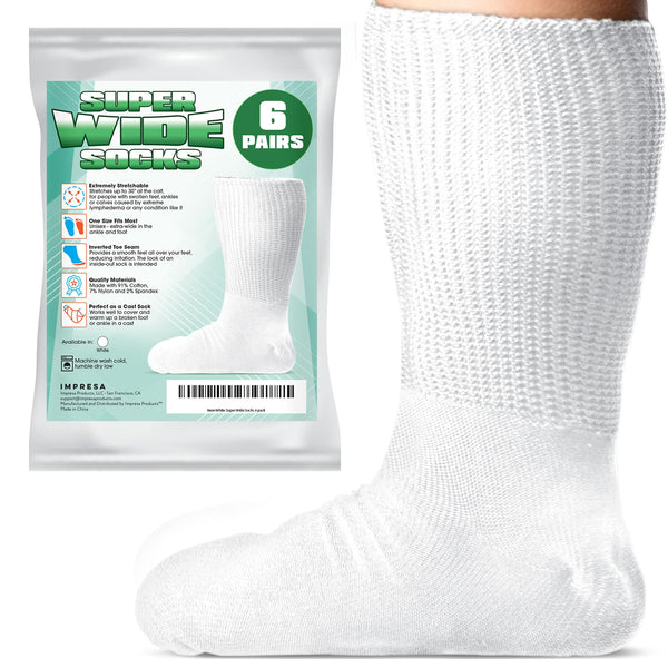 IMPRESA 6 Pack Super Wide Socks for Men and Women - Extra Wide Diabetic Socks for Swollen Feet and Ankles (No Grip) - Big and Tall Edema Socks - Soft, Stretchy Fit for Wide Calves - White - image 1