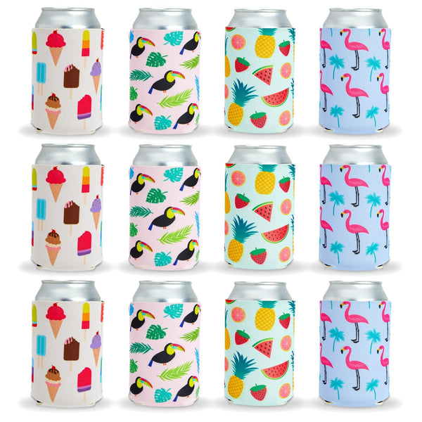 BLUE PANDA Neoprene Can Cooler Sleeves - Summer Gift for Teacher with Tropical Design - Insulated Summer Can Cooler Sleeve - Beach Teacher Gift Pack - Pack of 12, 2.5"x 4" - image 1