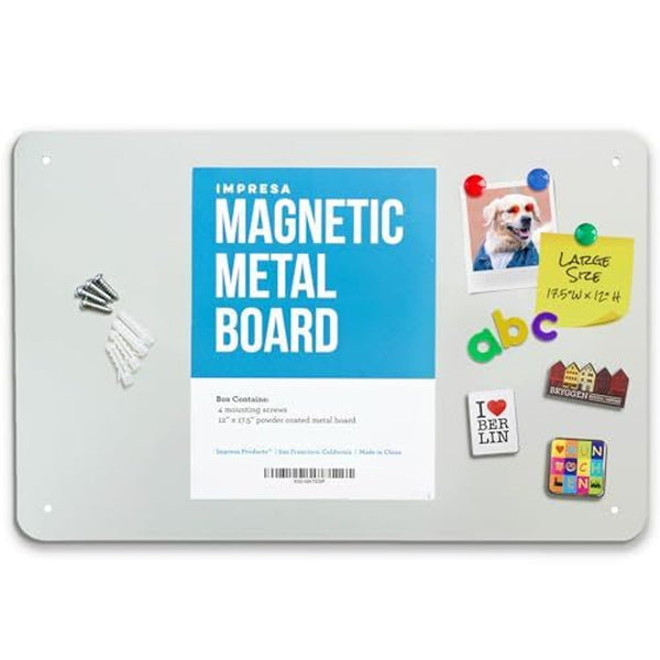 Impresa Metal Magnetic Board for Wall - Photo & Note Organizer & Magnetic Memo Board - Powder-Coated Steel & Magnet Display - Dual Mounting & Display for Magnets - 17.5 x 12 in, Gray, Alloy Steel - image 1