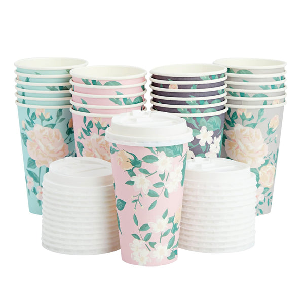 Juvale Floral Paper Coffee Cups with Lids - Disposable Paper Cups with Lids for Travel - Party & Bridal Shower Coffee Supplies - 24 Count, 16 Oz, Pastel Assorted - image 1
