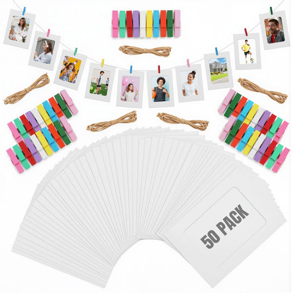 Juvale White Paper Picture Frames 4x6 with Clips & String - 50 Pack DIY Cardboard Photo Hanging Display Frames for Wall Decor, Birthday Photo Banner, Graduation, Classroom Crafts, Picture Garland - image 1