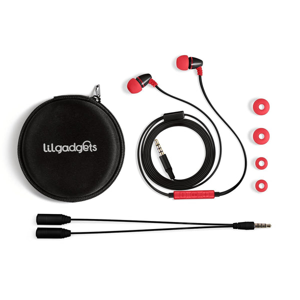 LilGadgets BestBuds Ear Buds for Kids for School - Safe & Comfortable, Volume Limited, Wired Earbuds for Kids with an in-Line Microphone, Travel Case, and Splitter - Red/Black - image 1