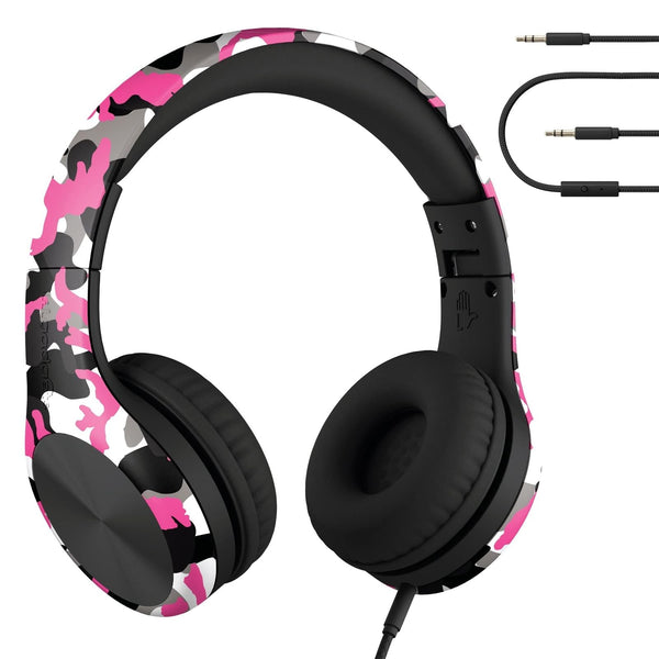LilGadgets Connect+ Pro Wired Kids Headphones for School with Microphone, Volume Limiting Over-Ear Headset with Cord, SharePort Technology & SoftTouch Padding, Pink Camo - image 1
