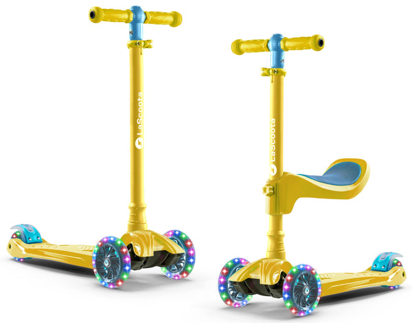 Lascoota 2-in-1 Toddler Scooter - Convertible Sit-On Scooter for Kids 3-5 - Adjustable Handlebar Height & Lean-to-Steer Control - Gold Frame with LED Light-Up Wheels - Gold, Aluminum - image 1