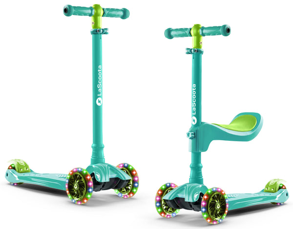 Lascoota 3-Wheel Kids Scooter - Convertible Sit & Stand Design - Lean-to-Steer Balance Control - Motion-Activated LED Wheels - Ages 3-12, Teal - image 1