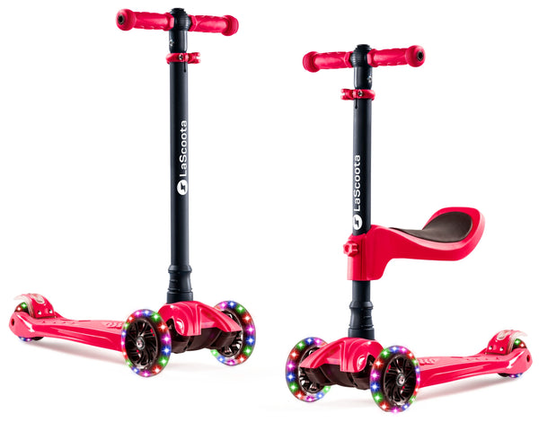 Lascoota Kick Scooter with Seat - Convertible 2-in-1 Ride for Red Scooter with Seat - LED Light Wheels for Young Riders - Adjustable Handlebar for Kids - Red, 21.7 x 4.7 x 34 in - image 1