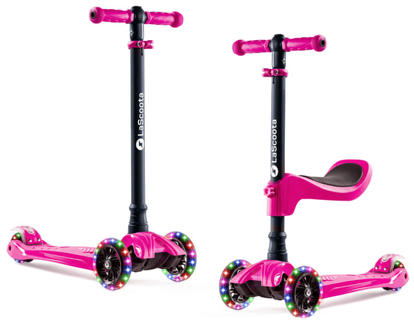 Lascoota 2-in-1 Kids Scooter with Seat - Adjustable Handlebar & 4 Heights Mini Scooter for Kids - LED Light-Up Wheels & Lean-to-Steer - Pink, 21.7 in L x 4.7 in W x 34 in H - image 1