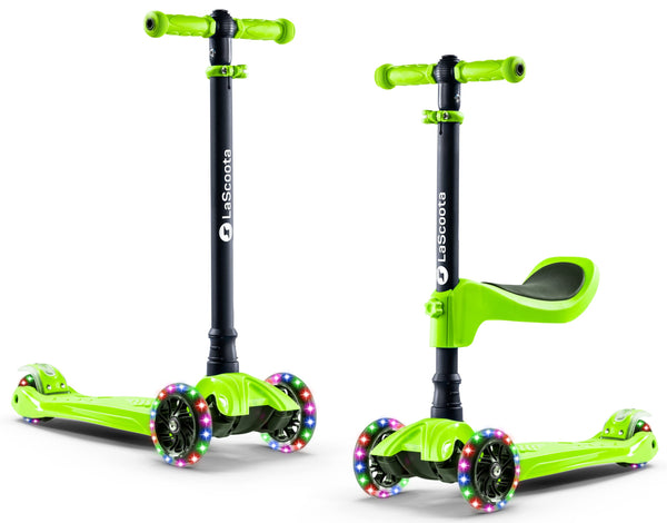 Lascoota 2-in-1 Kids Kick Scooter with Seat - Green - Ages 3-12, Up to 100 lb - Removable Seat & Anti-Slip Deck - Lean-to-Steer Self-Balancing 3-Wheel LED Lighted Wheels - image 1