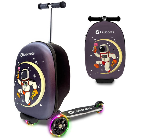 Lascoota Scooter Suitcase - 2-in-1 Ride-On Suitcase for Kids Ages 6-12 - Foldable Lightweight Boys Luggage - LED Light Scooter Luggage for Kids - Astronaut, Unisex Child, 17.3 x 12.4 x 8.7 in - image 1
