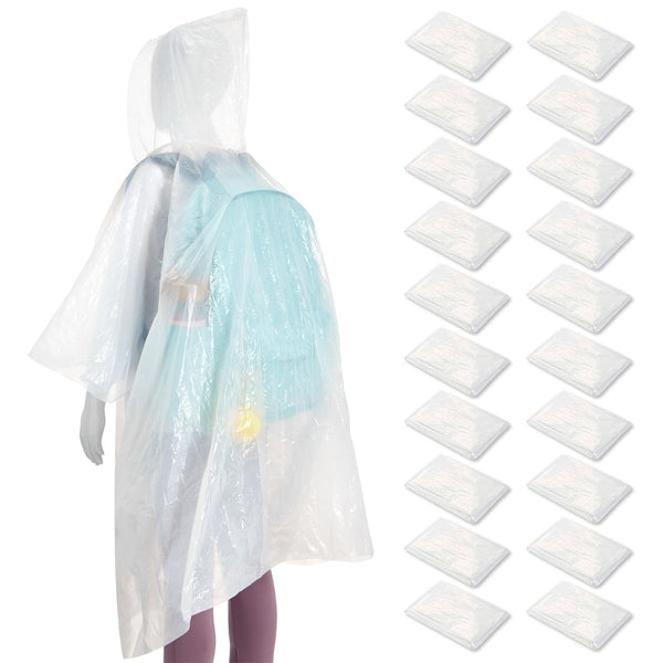 BLUE PANDA Kids Rain Poncho - Disposable Rain Ponchos for Kids - Multipack Festival Ponchos - Lightweight Compact Emergency Cover - Pack of 20, Clear, 41.7 x 29.9 in - image 1