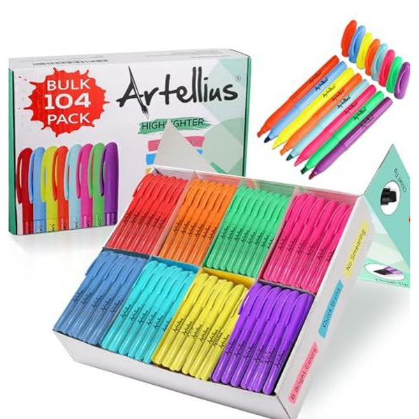 Artellius 104 Pack Vibrant Highlighters Assorted Colors Bulk Set (8 Bright Colors), Quick-Dry, Neon Pastel Chisel Tip Highlighter Set for Underlining, Highlighters Bulk Perfect for Class, Office - image 1
