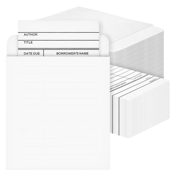 Library Card Pockets with Adhesive Backing & Due Date Cards - 200 Pieces (3 x 5 in), White, Letter Print - Checkout Slips & Book Pockets for School & Home Use - image 1