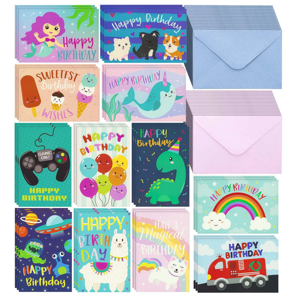 Pipilo Press Kids Happy Birthday Cards - 4 x 6 In, 36 Cards & Envelopes - Multicolor Blank Inside Designs - image 1
