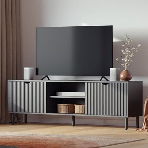 Stead Fluted Wood TV Stand - Soft-Close Doors & Adjustable Shelves TV Console with Storage - Cable Management Entertainment Center - Fluted Doors Hide Components Media Stand - Black, 70 - image 1