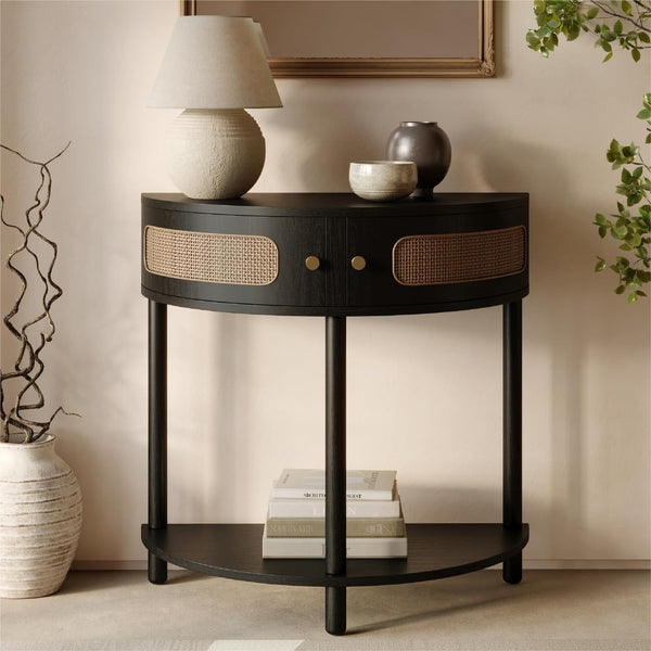 Stead Rattan Half Moon Shaped Small Entry Table, Console Desk with Storage for Narrow Spaces, Modern Home Decor, Cane Console Table, Solid Wood Entryway Desk with Two Doors & Brass Knobs (Black Oak) - image 1