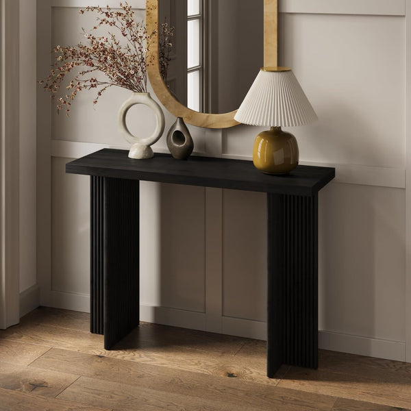 Fluted Console Table - Small Entry Desk for Narrow Spaces - Modern, Mid-Century Home Decor - Living Room Furniture - Solid Wood Entryway Table - Fluted Cross Bass and Rectangular Top (Black) - image 1