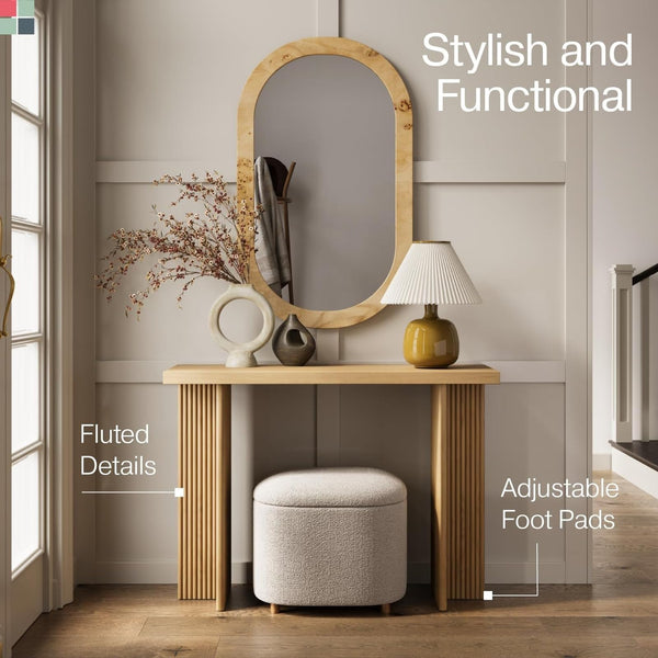 Stead Modern Console Table - Natural Oak, Fluted Solid Wood - Slim Entryway Table with Drawers & Curved Cross Base - image 1