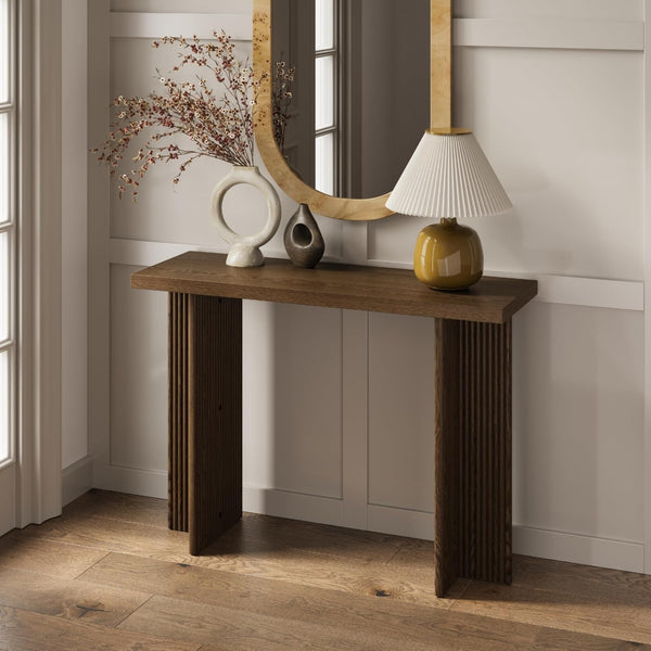 Stead Fluted Console Table - Slim Entryway Table for Narrow Hallways - Natural Wood Console with Curved Cross Base & Mid-Century Modern Style - Walnut - image 1